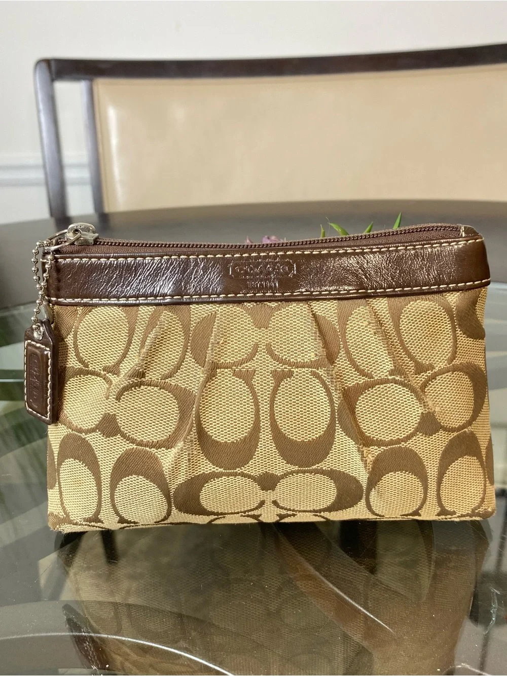 Coach Signature Pleated Wristlet Khaki Mahogany Canvas Leather Pouch F43434